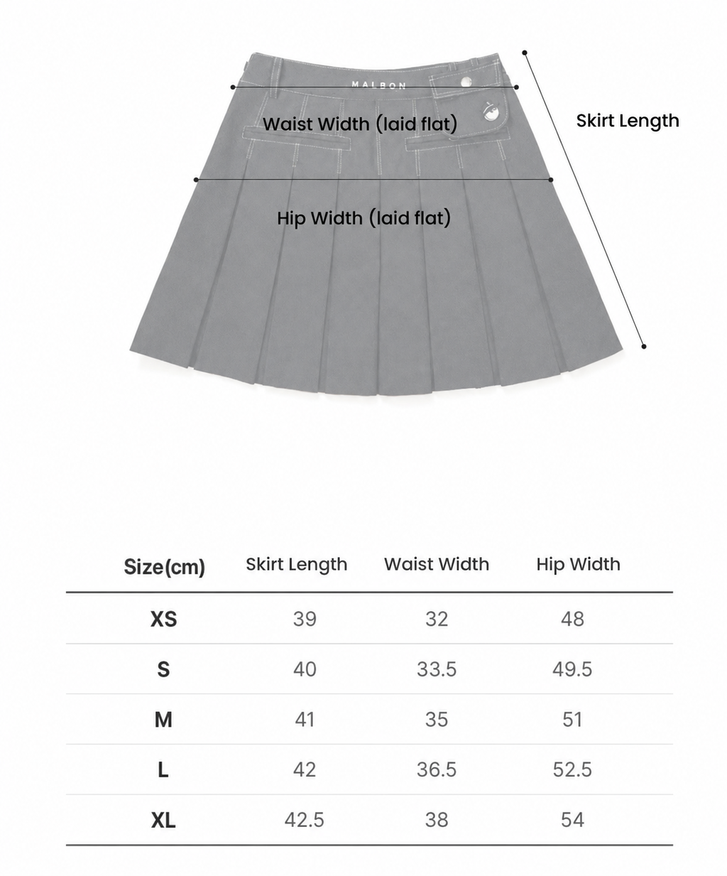Malbon Women’s Golf Skort letter size chart XS S M L XL