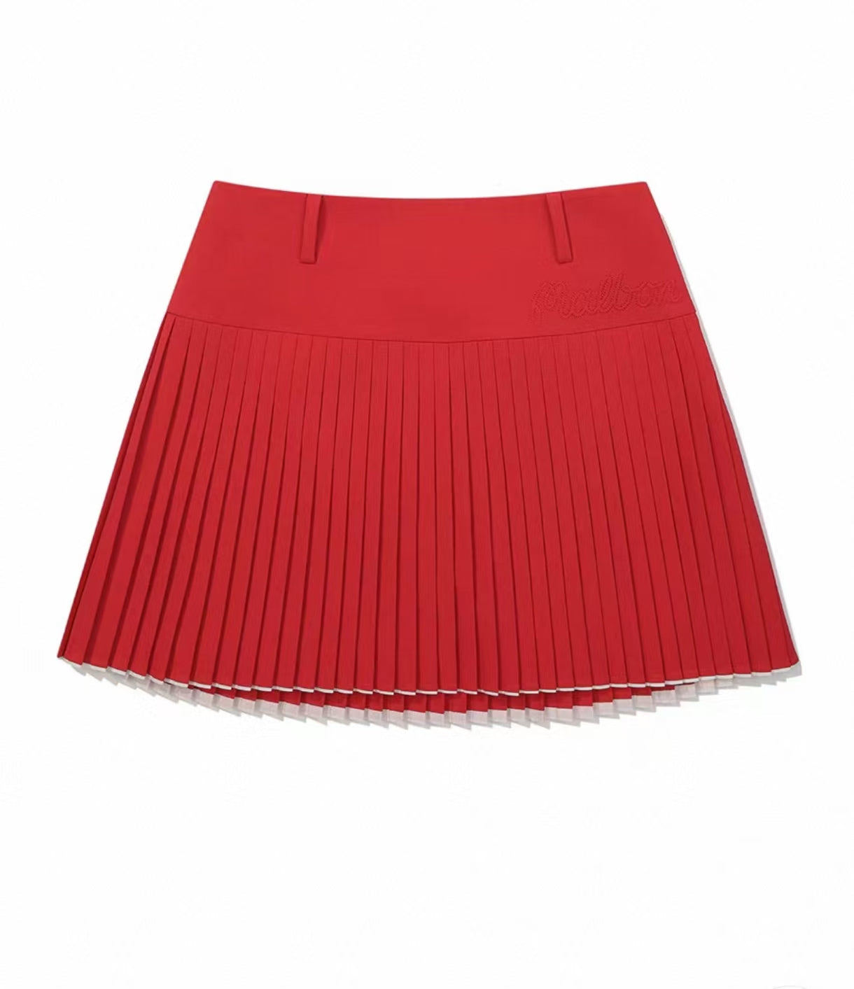 Malbon Studio Seoul Wrap Pleated Skirt Red pleated golf skirt detail view